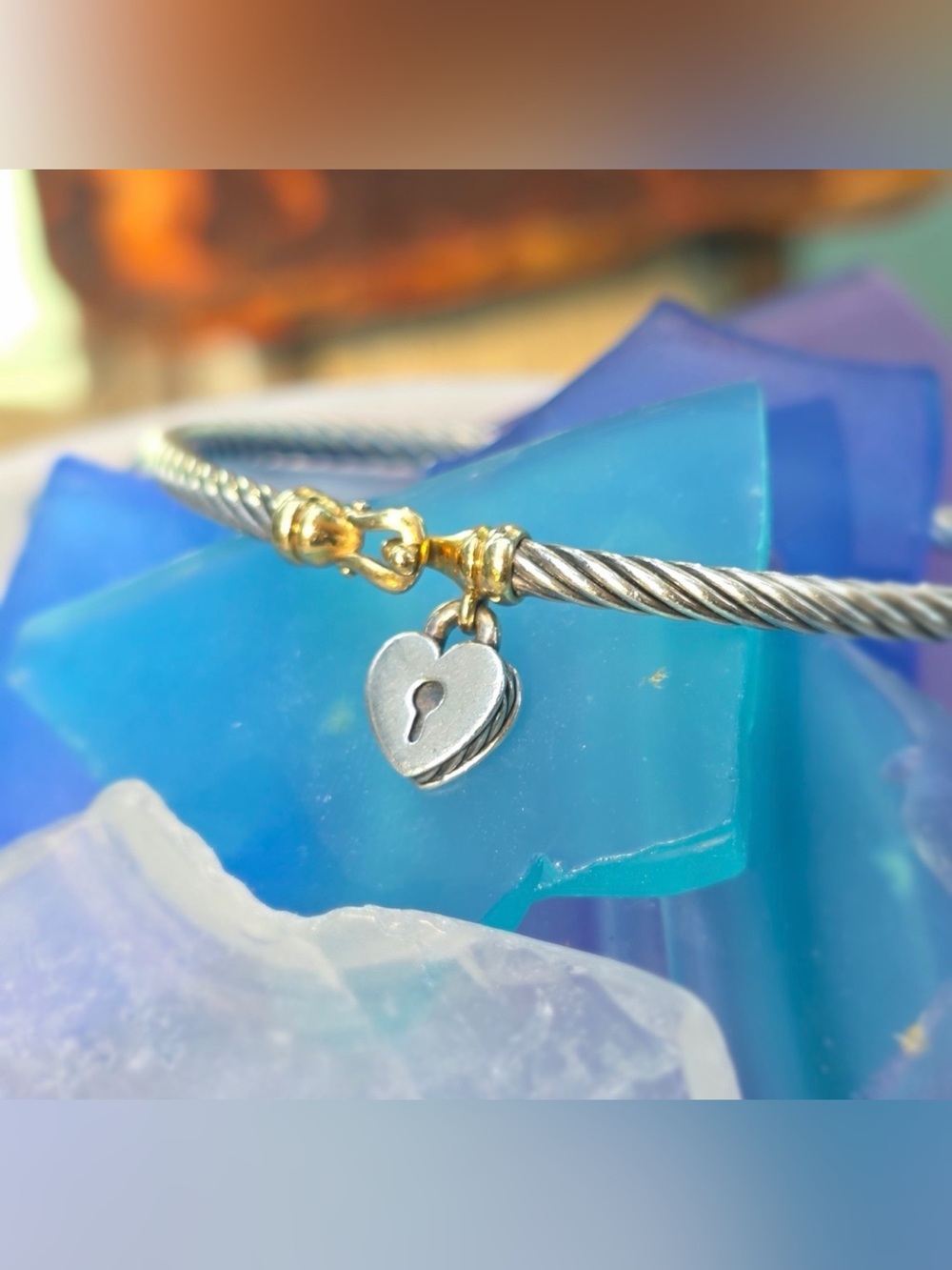 David Yurman Two-Tone Cable Bracelet with Heart Lock Charm in Silver and Gold
